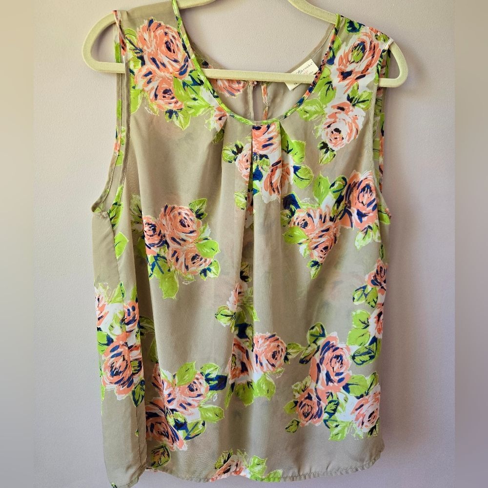 Bobbie Brooks Plus Size 1X Floral Pleated Tank Neon & Peach Spring Top